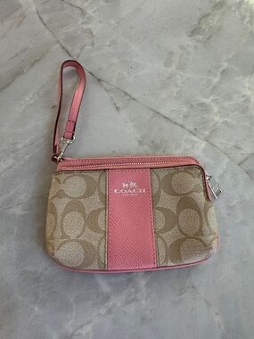 Coach Beige Signature Canvas Wristlet with Pink Trim
